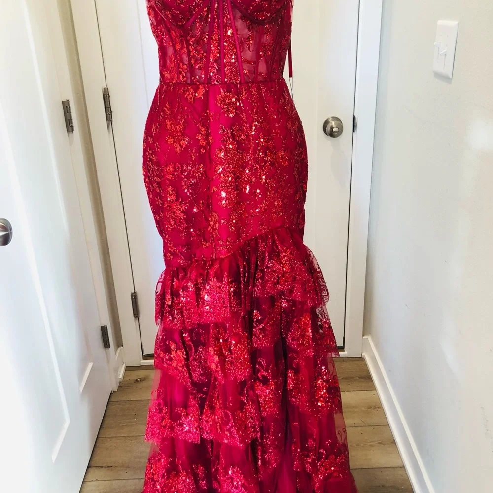 STRAPLESS LAYERED RUFFLE MERMAID DRESS - Picture 3 of 6
